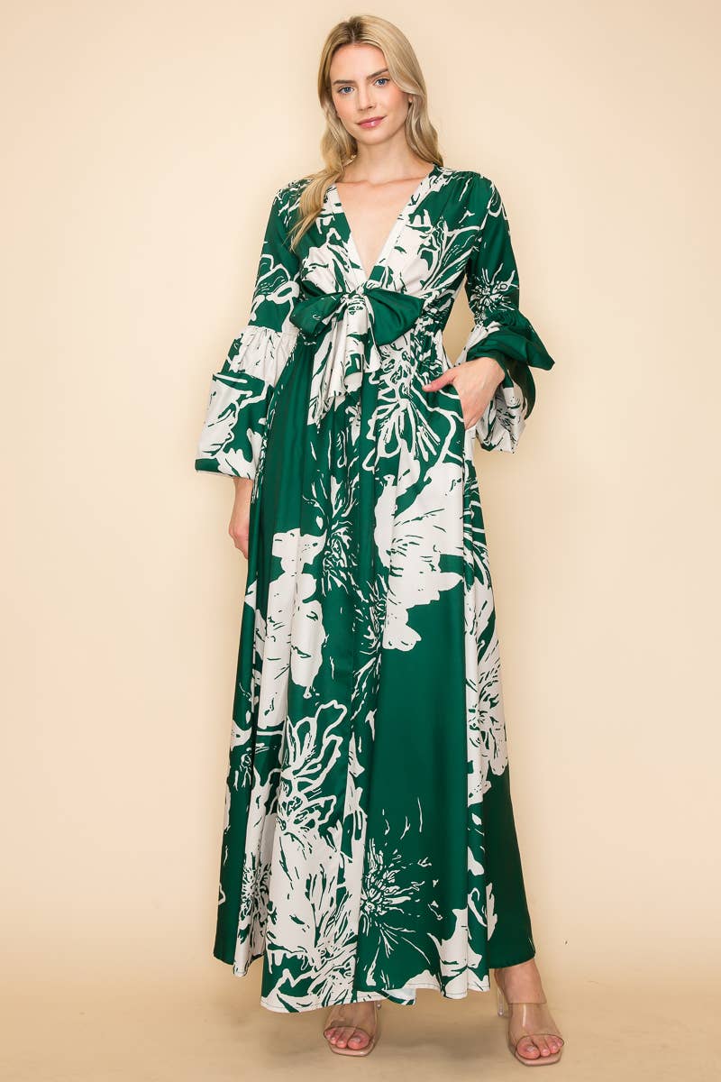 PRINTED V NECK MAXI DRESS