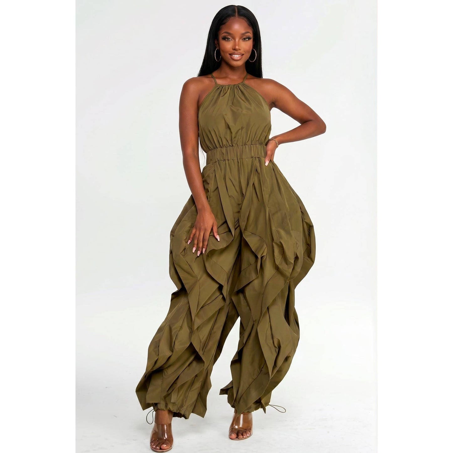 Halter Neck Open Elastic Back Wide Ruffle Leg Jogger Jumpsui