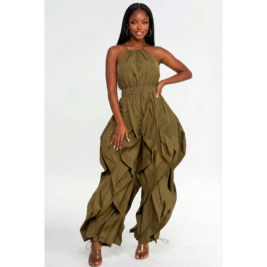 Halter Neck Open Elastic Back Wide Ruffle Leg Jogger Jumpsui