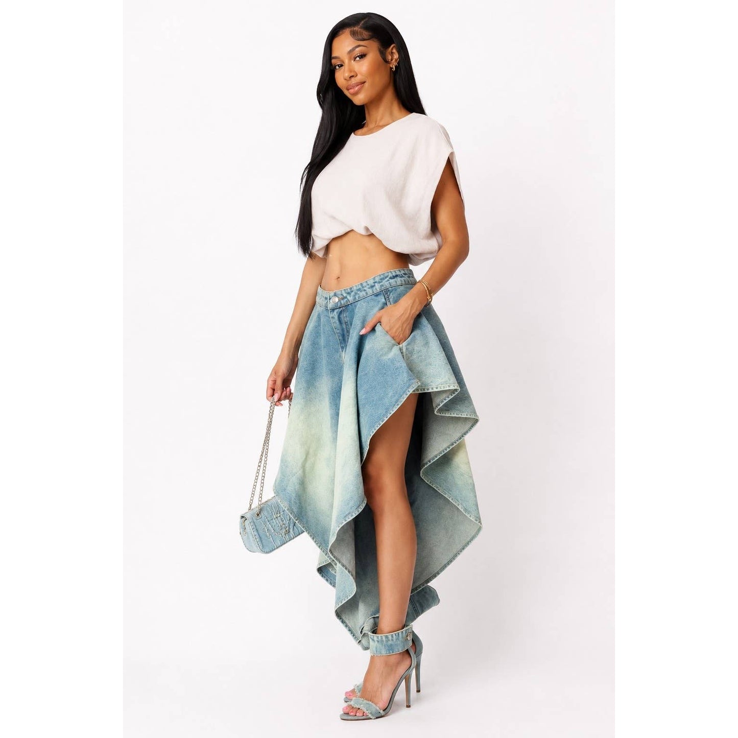 Vintage Washed Denim Asymmetrical Drapped Jeans
