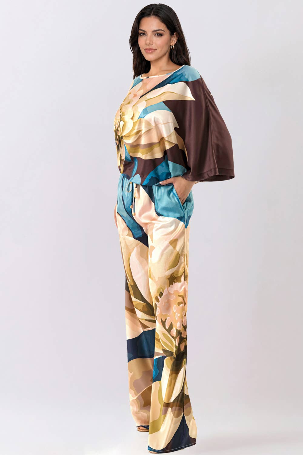 Floral Satin Blouse & Wide Pants Set