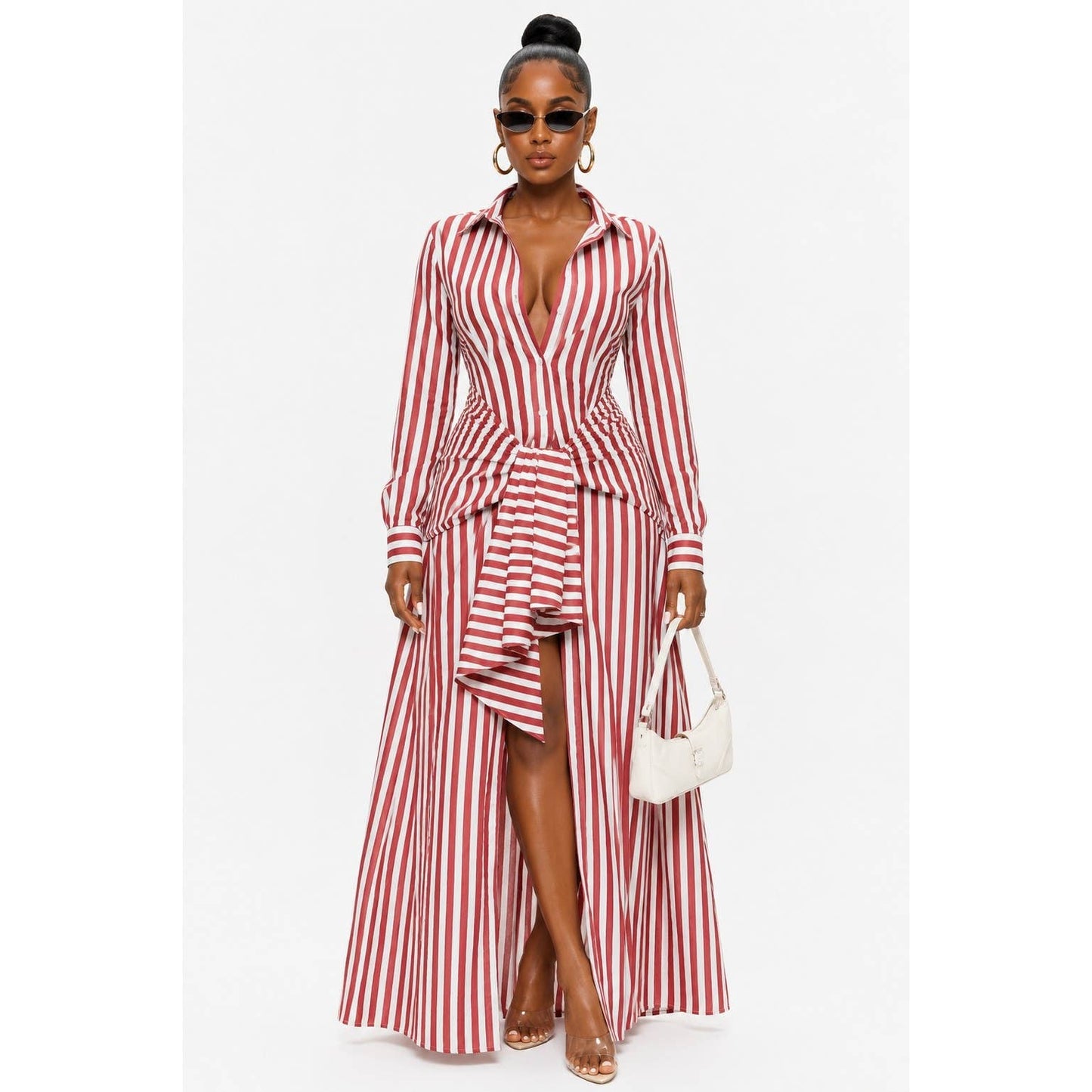 Pinstripe Woven Shirt Tie Waist Maxi Dress