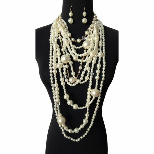 Chunky Multi-Layered Pearls Statement Necklace Set