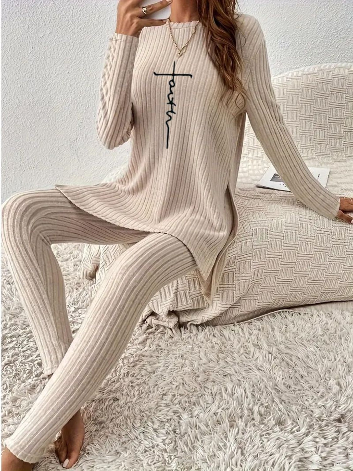 Side Slit Round Neck Long Sleeve Set