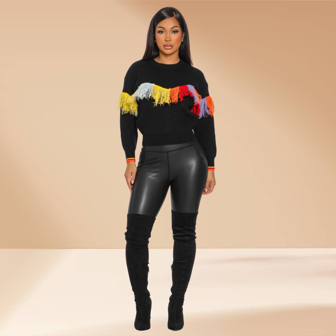Fringe Knit Sweater Multicolor Accent
