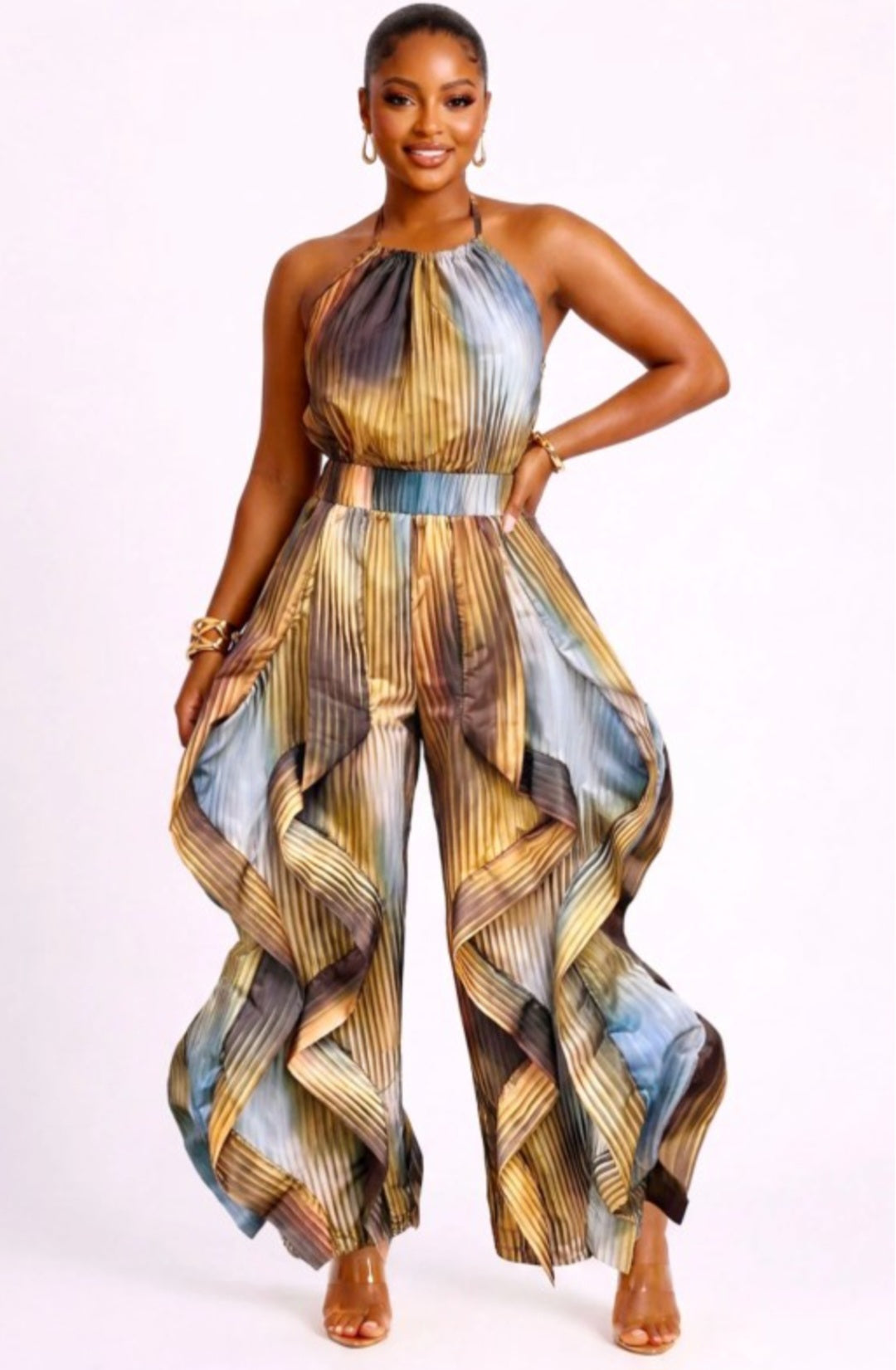 Sheer top Halter neck wide ruffle jumpsuit