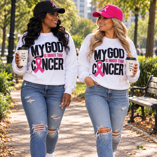 Crewneck Sweatshirt — "My God Is Bigger Than Cancer" Pink Ribbon Faith Support