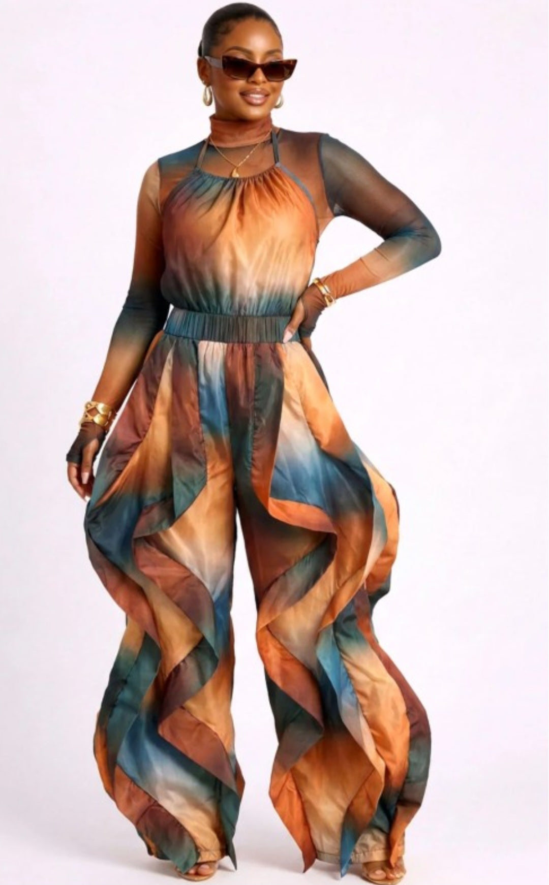 Sheer top Halter neck wide ruffle jumpsuit