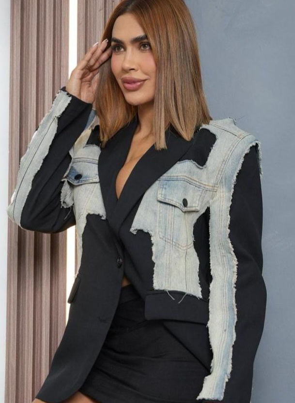 Denim and Black Graphic Blazer