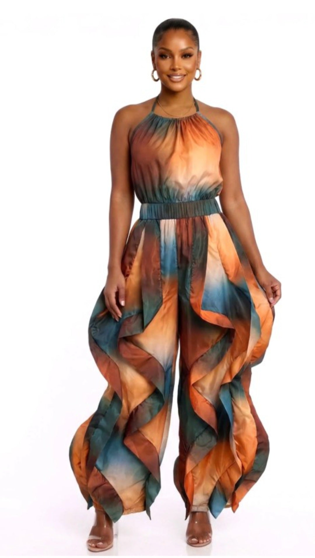 Sheer top Halter neck wide ruffle jumpsuit